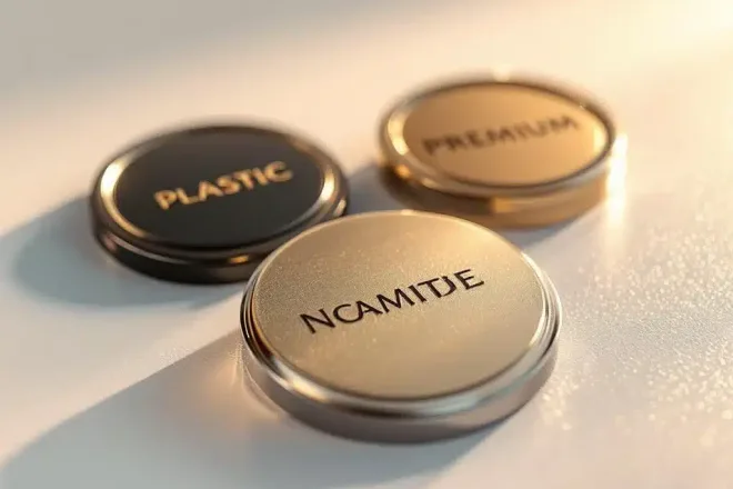 Drie naambadges van verschillende kwaliteitsniveaus op witte achtergrond, van basis plastic tot premium afwerking