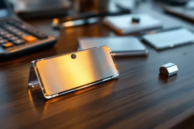 Hoogwaardige naamplaatjes van verschillende materialen op houten bureau met rekenmachine en onderhoudsgereedschap