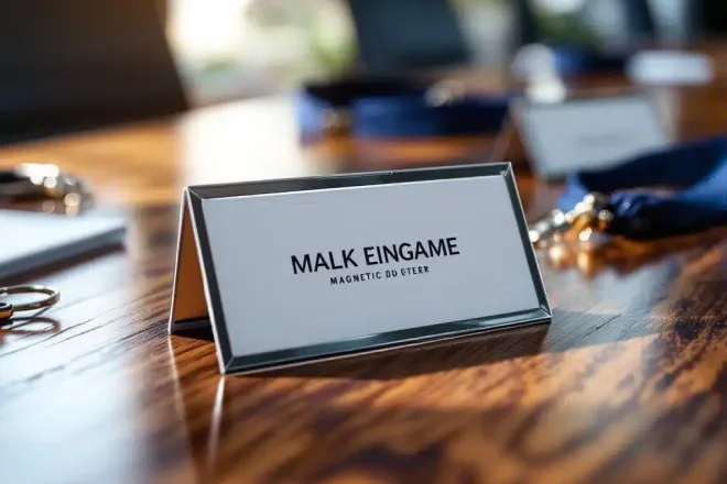 Professionele naamkaartjes met zilveren frames en lanyards op houten conferentietafel, close-up weergave