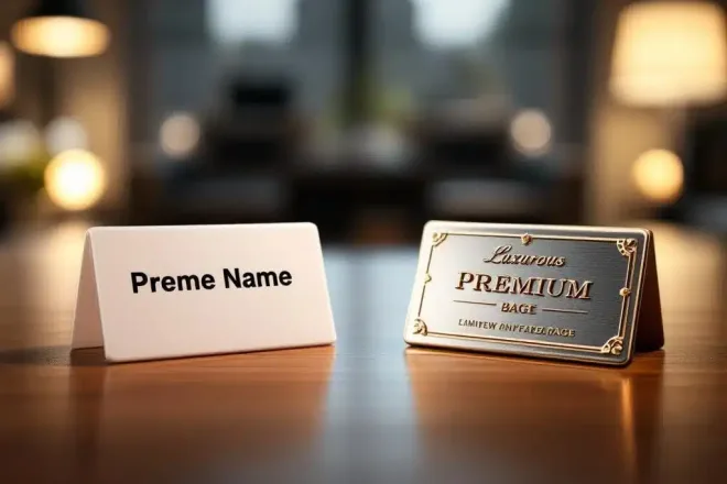 Vergelijking van twee naambadges op houten bureau: eenvoudige witte badge links, luxe gouden badge rechts