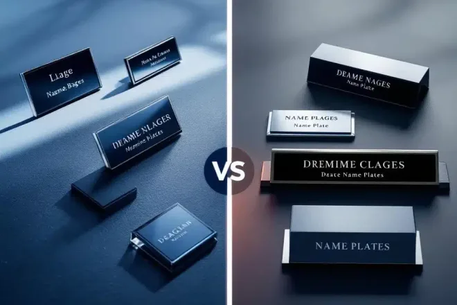 Vergelijking van elegante magnetische naamplaatjes links en premium bureau naamplaten rechts in corporate blauw en zilver