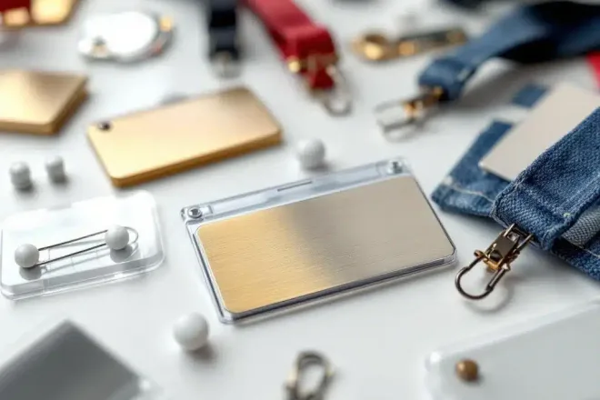 Verschillende naamplaatje materialen op witte ondergrond: metalen, plastic en stof badges met verschillende texturen