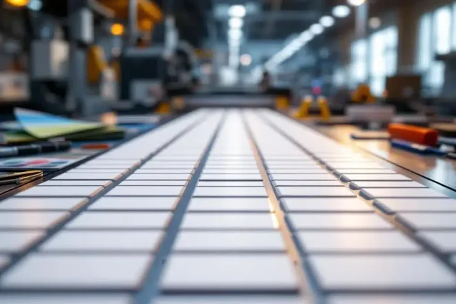 Witte naamkaartjes in rijen op professionele drukoppervlak met industriële snij- en drukgereedschap op achtergrond