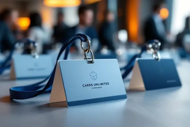 Elegante naamkaartjes met lanyards op conferentietafel, Cards Unlimited branding, professionele blauwe en zilveren tinten