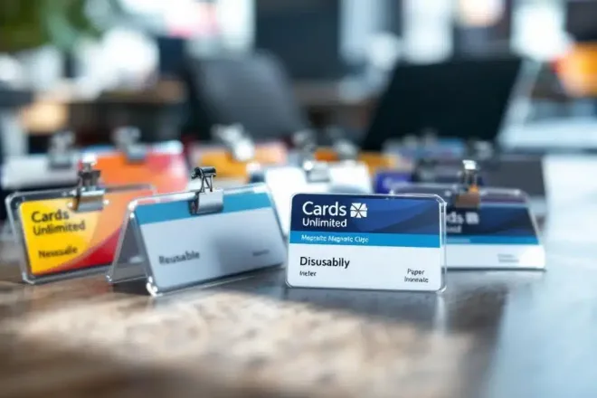 Kleurrijke naamkaartjes op modern kantoorbureau, sommige versleten en andere nieuw, met magnetische clips en papieren inserts