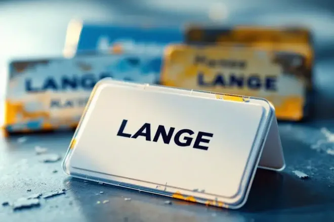 Naamkaartjes in verschillende stadia van slijtage op bureau, van nieuw wit exemplaar tot vergeelde en beschadigde badges