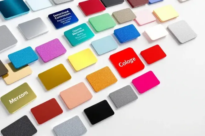 Kleurrijke naamkaartjes in regenboogpatroon op witte ondergrond, van rood tot metallic voor professionele identificatie