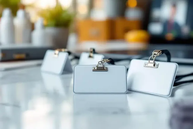 Witte naamkaartjes met magnetische clips en keycords op kantoorbureau, met badge houders en opbergcases op achtergrond