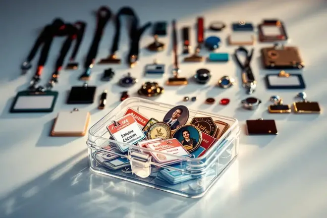 Naamkaartjes collectie met verschillende bevestigingen en transparante opbergdoos op witte ondergrond