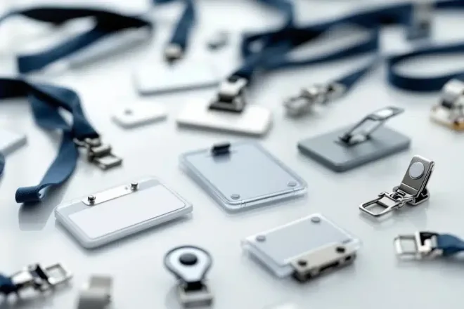 Professionele naamkaartjes in verschillende stijlen en materialen met clips, magneten en keycords op witte ondergrond