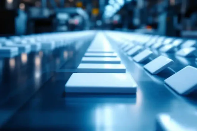 Witte naamkaartjes in rasterpatroon op productietafel met professionele printapparatuur op achtergrond
