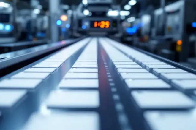 Witte naamkaartjes op transportband in drukkerij met digitale timer en industriële verlichting