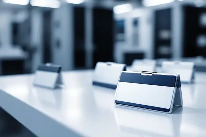 Professionele naamplaatjes van verschillende materialen op witte ondergrond met printapparatuur op achtergrond