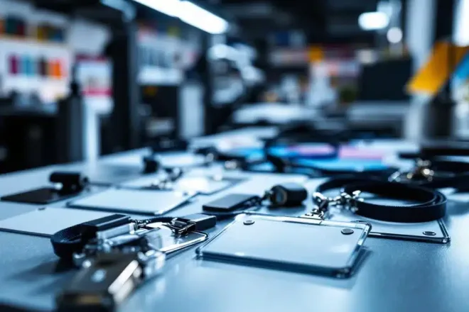 Professionele naamkaartjes met magnetische clips en lanyards op modern bureau in drukkerij werkruimte