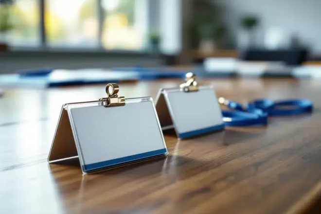 Professionele naamkaartjes met blauwe lanyards op houten conferentietafel in kantooromgeving