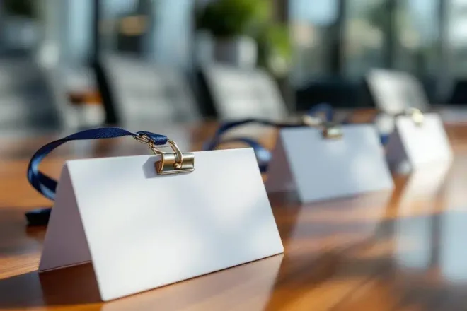 Professionele naamkaartjes met lanyards op houten conferentietafel in moderne kantooromgeving