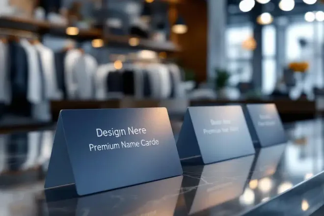 Professionele naamplaatjes met metallic afwerking op gepolijste toonbank in moderne winkelomgeving