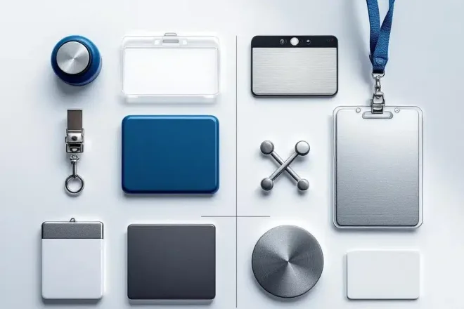 Verschillende naamkaartjes met magneet, clip, lanyard en speld in plastic, metaal en eco-materialen op witte ondergrond