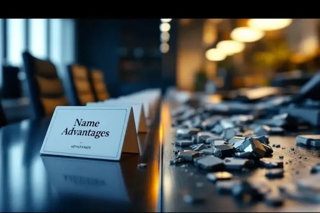 Naamkaartjes vergelijking: professionele badges op vergadertafel links versus beschadigde badges op rommelig bureau rechts