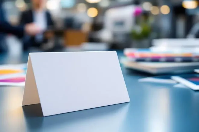 Stapel witte naamkaartjes met professionele pinnen op kantoorbureau met drukkerij apparatuur op achtergrond