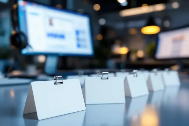 Witte naamkaartjes in diagonaal patroon op modern bureau met klantenservice elementen op achtergrond