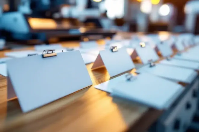 Witte naamkaartjes met metalen clips op houten bureau met professionele printapparatuur op achtergrond