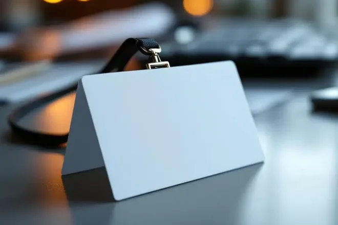 Witte naamkaart met lanyard op moderne bureau, kantooromgeving op achtergrond zichtbaar