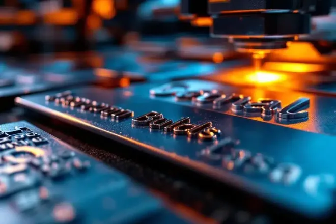 Verschillende naamkaartje druktechnieken getoond: reliëf metaal, digitale print, lasergraving en vinyl letters op badges