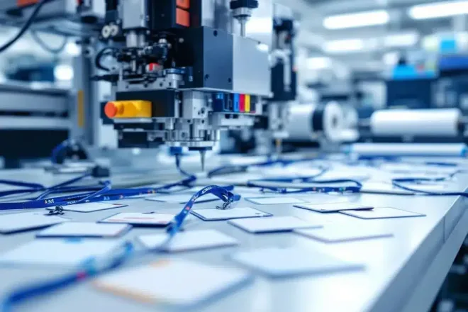 Professionele badgemaker in actie met kleurige inktcartridges en vers gedrukte badges op witte werktafel