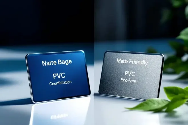 Twee identieke naamkaartjes vergelijken glanzend PVC-materiaal met matte milieuvriendelijke PVC-vrije finish op witte ondergrond