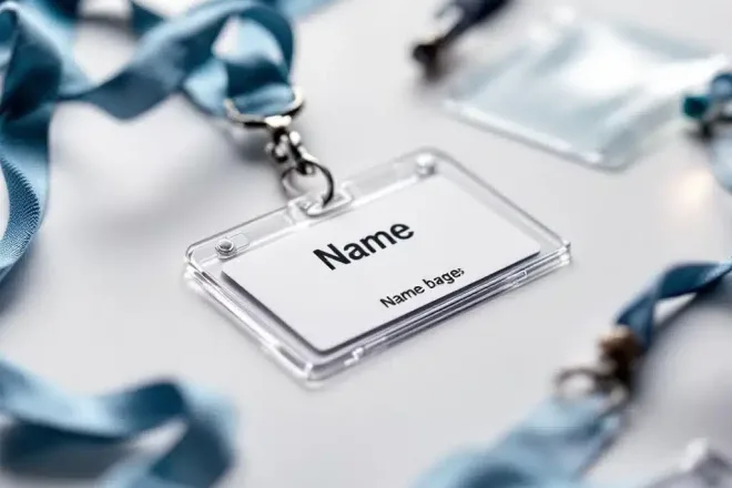 Naamkaartjes met beschermende accessoires zoals plastic houders en lanyards op witte ondergrond in studioverlichting