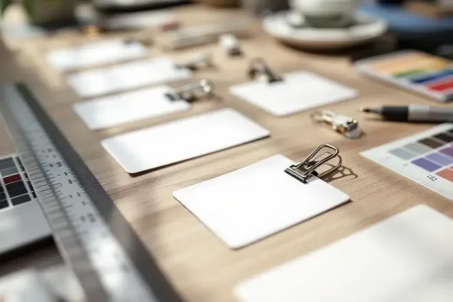 Witte naamkaartjes met metalen clips op houten bureau met ontwerphulpmiddelen en natuurlijke verlichting