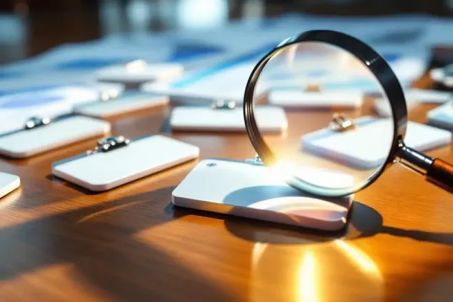 Professionele naamplaatjes met zilveren clips op houten bureau met vergrootglas voor kwaliteitscontrole