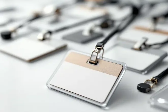 Professionele naamkaartjes met lanyards en clips op witte ondergrond, verschillende materialen en afwerkingen zichtbaar