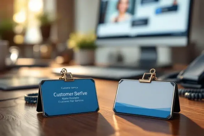 Professionele naamplaatjes met metalen clips op houten bureau, klantenservice apparatuur op achtergrond