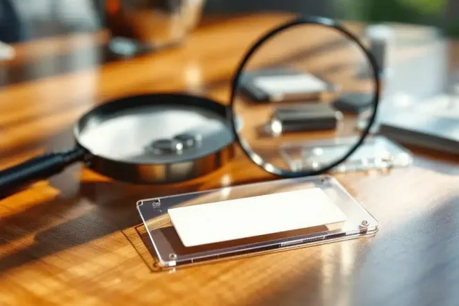 Verschillende hoogwaardige naamplaatjes op houten bureau met vergrootglas, inclusief magnetische en pin-back versies