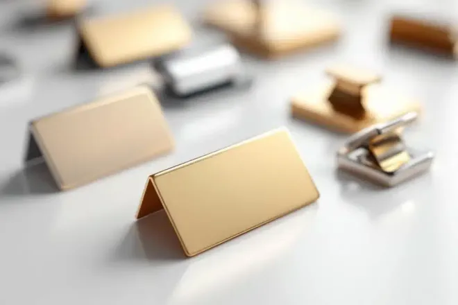 Elegante naamplaatjes in zilver en goud met magnetische, speld en clip bevestiging op witte ondergrond