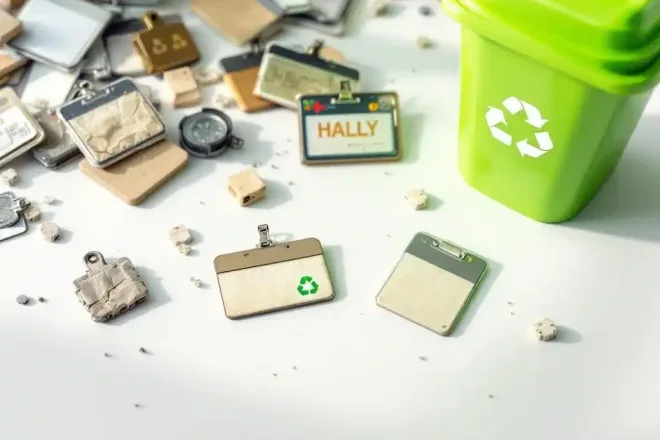 Verzameling versleten naamplaatjes van plastic, metaal en papier naast groene recyclingbak op witte ondergrond