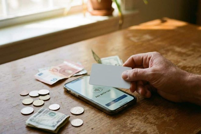 Hand houdt NFC-betaalkaart bij smartphone met betaalscherm, munten en bankbiljetten op houten bureau