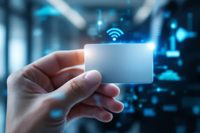 Een moderne kantooromgeving toont een hand met een RFID-kaart, omgeven door blauwe en groene lichten, symboliserend draadloze communicatie.