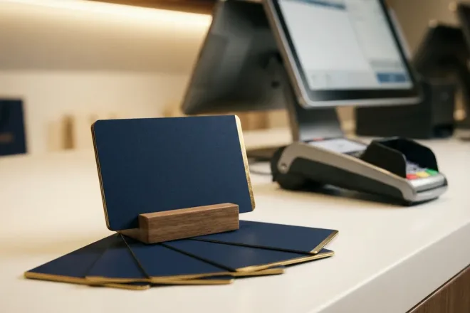 Oplaadbare cadeaukaart met matte afwerking in marineblauw en goud, rechtopstaand op een witte retailtoonbank met gespreide kaarten.