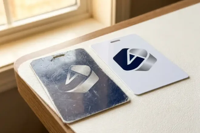 Versleten bedrijfspas met vervaagd logo naast een nieuw exemplaar op wit bureau, zachte zijdelingse belichting.