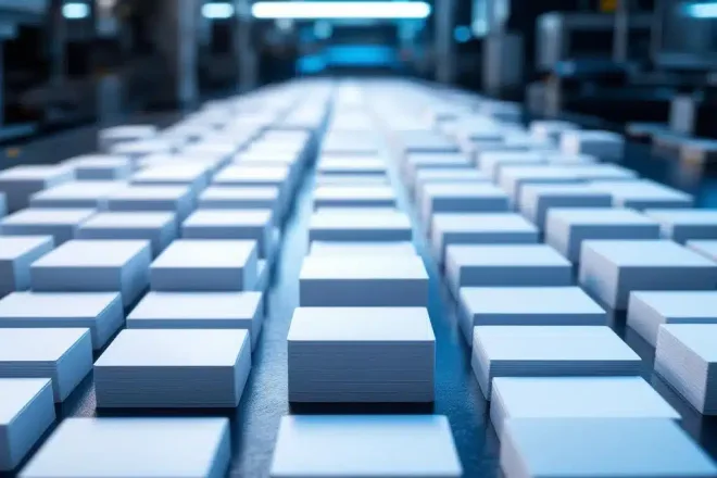 Stapels witte plastic kaarten op productielijn met minimale ordergrootte op voorgrond en professionele verlichting
