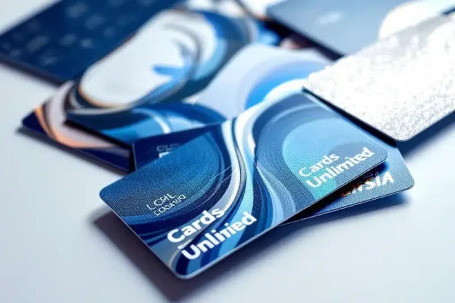 Plastic kaarten in waaiervorm met UV-coating, folieaccenten en reliëf op witte achtergrond in blauw-wit kleurenschema