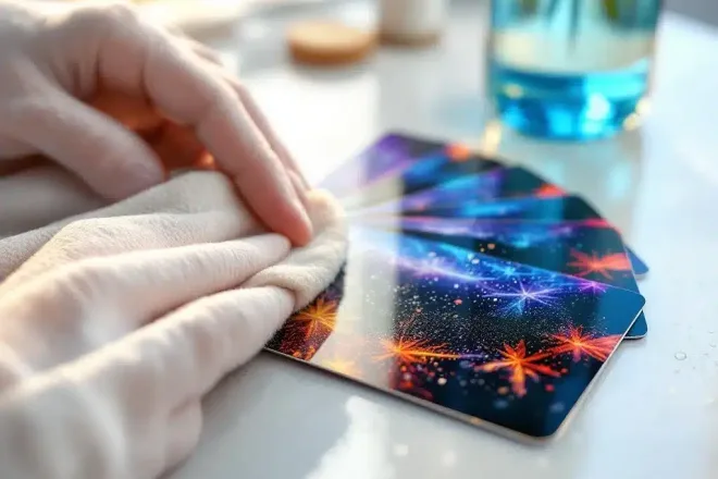 Plastic kaarten worden schoongemaakt met microvezeldoek, waterdruppels zichtbaar op glanzend oppervlak