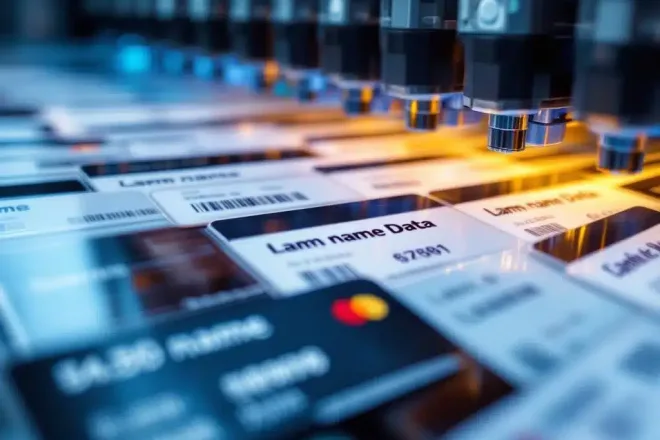 Gestapelde plastic kaarten met unieke variabele gegevens en barcodes, professionele drukuitrusting op achtergrond