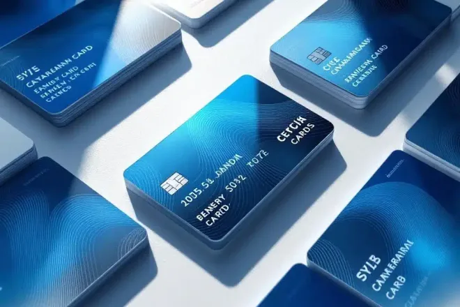 Professionele plastic ID-kaarten en ledenpassen in blauw en zilver, geometrisch gerangschikt met holografische details