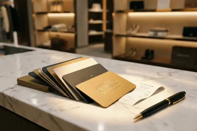 Premium cadeaukaarten waaierachtig uitgespreid op een witte toonbank, met een bon en pen, warme gouden en witte tinten.