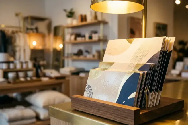 Stapel glanzende premium cadeaukaarten in een displaystandaard op een winkelkassa, warme gouden belichting, crème- en marineblauw kleurenpalet.