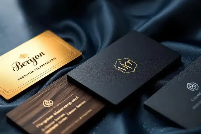 Premium klantenkaarten met diverse luxe afwerkingen - metallic goud, mat zwart, hout en parelmoer - elegant gepresenteerd op een glanzend donkerblauw oppervlak.